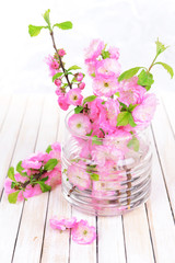 Beautiful fruit blossom in jar on table on light background