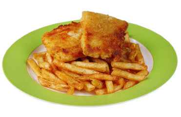 Breaded fried fish fillet and potatoes