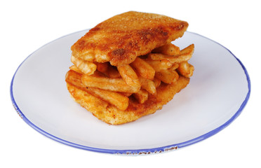 Breaded fried fish fillet and potatoes