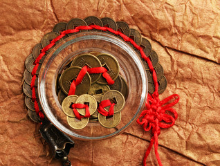 Feng shui coins on table close-up