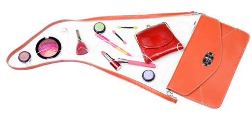 Ladies handbag and things with accessories of it isolated