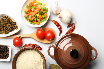Food ingredients and kitchen utensils for cooking