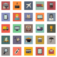 Business, warehouse, transportation and delivery icons flat set
