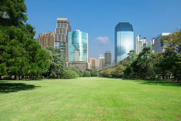 Obraz premium city park with modern building background
