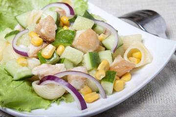 Salad with chicken meat, vegetables and pasta.