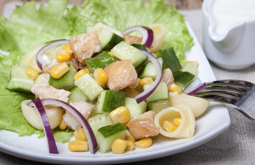Salad with chicken meat, vegetables and pasta.