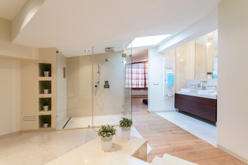 Huge bathroom connected with bedroom in apartment