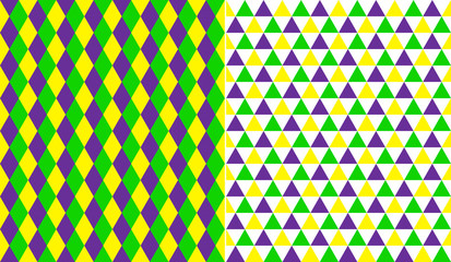 Mardi Gras seamless vector patterns in diamond, triangles.