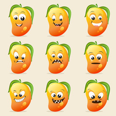 Funny mango character showing different facial expressions.