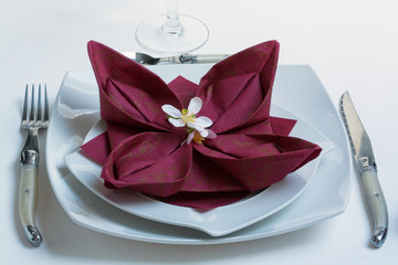 Fototapeta na wymiar Pliage de serviette en papier en fleur de lotus sur assiette