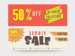 Summer sale website header or banner set with 50% discount.