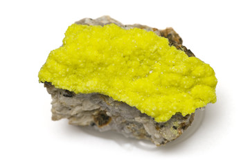 Uranium ore (meta-autunite) from Portugal. 4cm across.