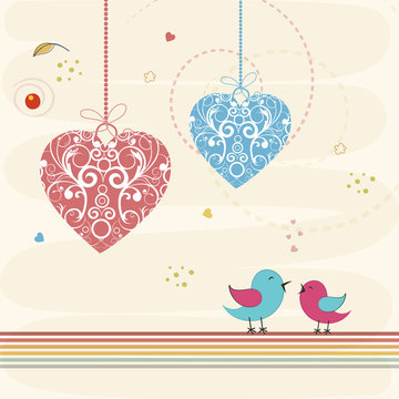 Happy Valentines Day celebration with hearts and love birds.