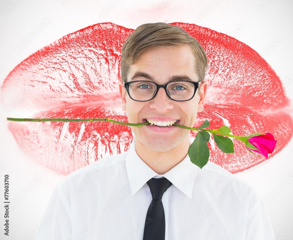 Poster composite image of geeky hipster holding a red rose in his teeth