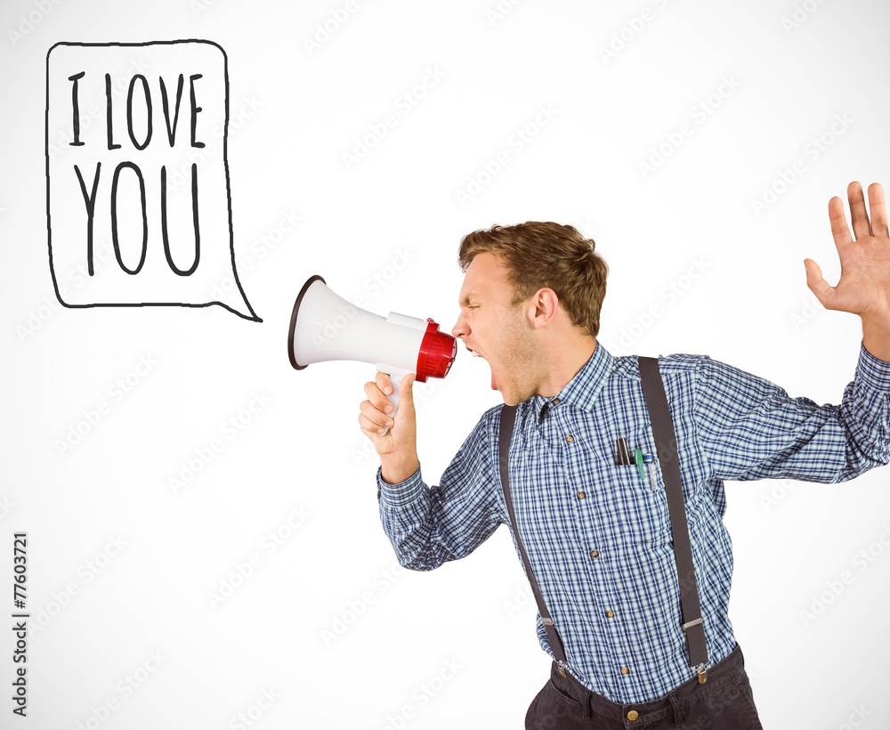 Aufkleber Composite image of geeky hipster shouting through megaphone