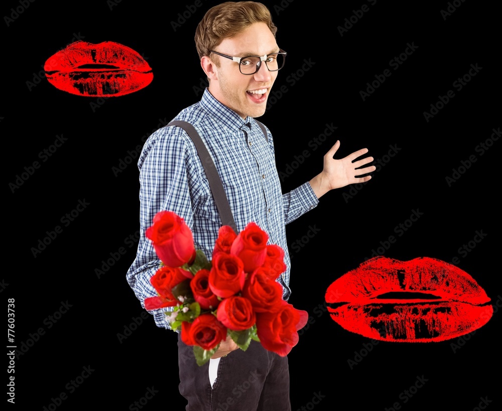 Poster composite image of geeky hipster holding a bunch of roses