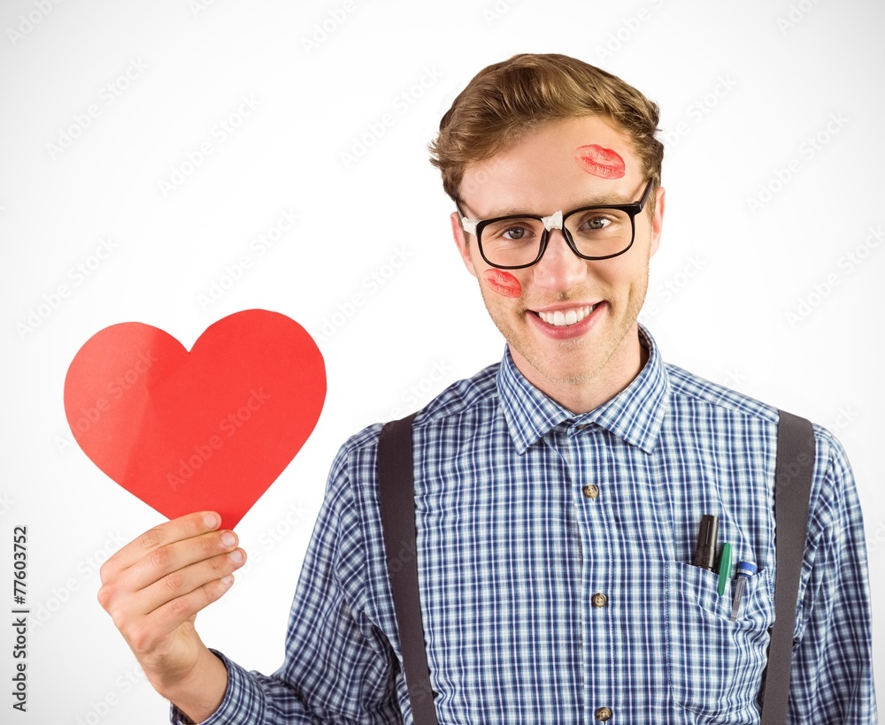 Poster composite image of geeky hipster holding a heart card