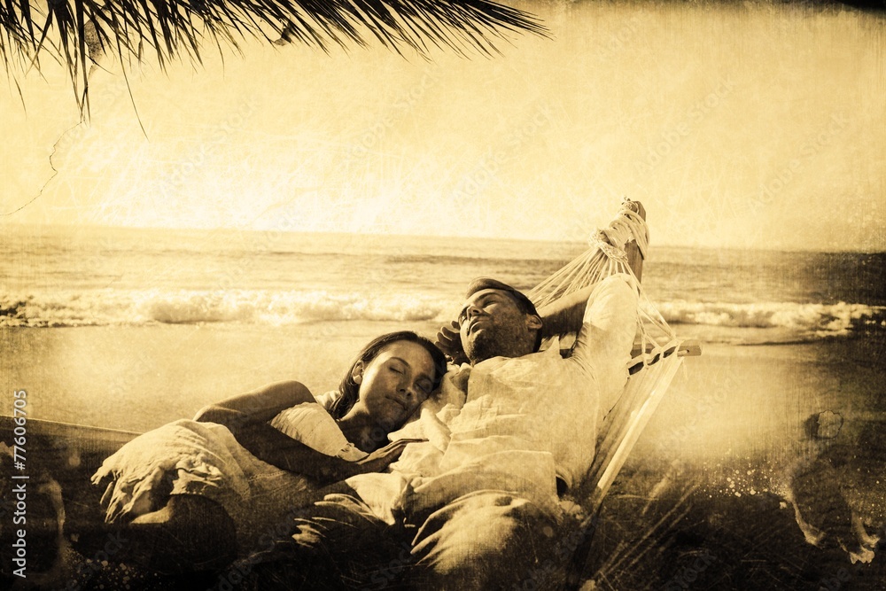 Poster Composite image of calm couple napping in a hammock
