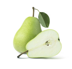 Fototapeta na wymiar Two green pears whole half isolated on white background