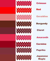 Samples of knitted yarns in red palette of colors with names