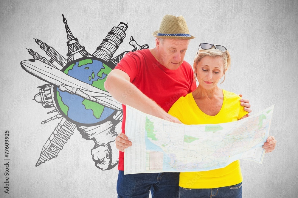 Poster composite image of lost tourist couple using map