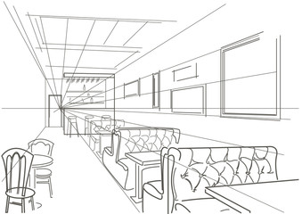 linear interior sketch of cafe