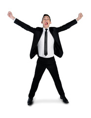 Business man winner hands up