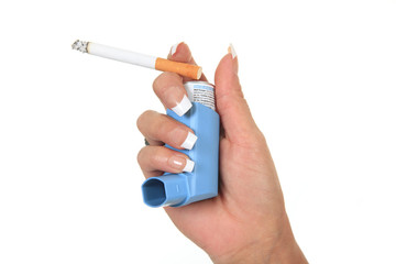 A woman who holding a cigarette in front of a white background