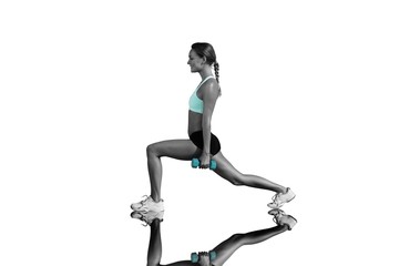 Fototapeta na wymiar Composite image of fit woman doing weighted lunges on the beach