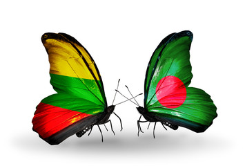Two butterflies with flags Lithuania and Bangladesh