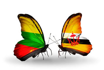 Two butterflies with flags Lithuania and Brunei