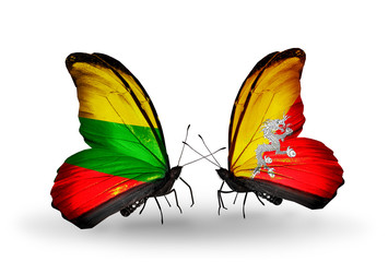 Two butterflies with flags Lithuania and Bhutan