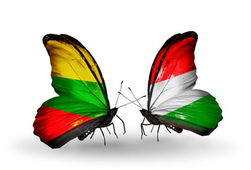 Two butterflies with flags Lithuania and Hungary