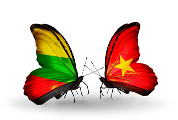 Two butterflies with flags Lithuania and Vietnam