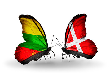 Two butterflies with flags Lithuania and Denmark
