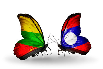 Two butterflies with flags Lithuania and Laos