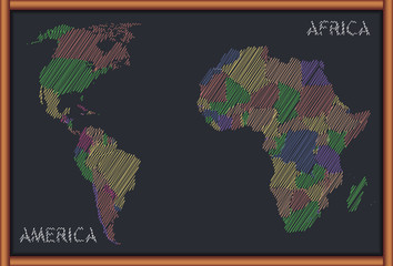 Blackboard with the Map of America and Africa