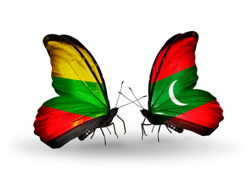 Two butterflies with flags Lithuania and Maldives