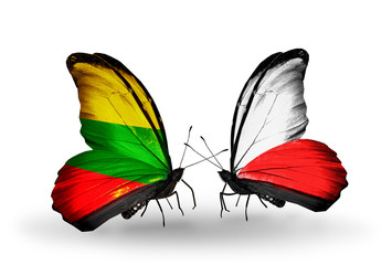 Two butterflies with flags Lithuania and Poland