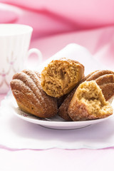 Madeleine with green tea on a pink background