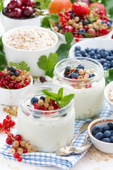 yogurt with berries and products for healthy breakfast, vertical