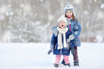 Two little sisters having fun at winter