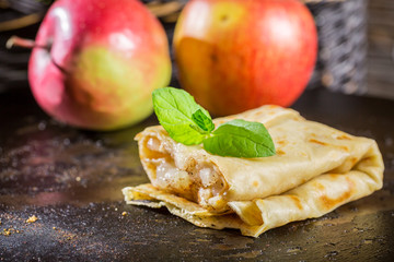 Closeup of homemade pancakes with apples