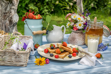 Toast, fruit and honey for breakfast