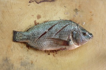 Sliced Nilotica Fish on chopping block wood