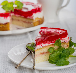 piece of strawberry cake jelly on white background