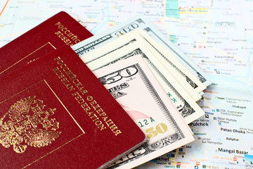 Russian passports and Kathmandu city map