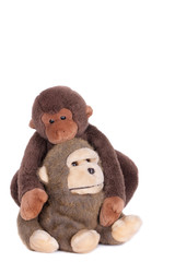 Monkey dolls embracing. Isolated on white.