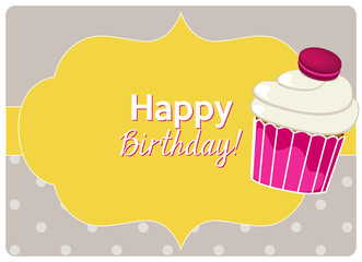 birthday card, vanilla cupcake topped with a raspberry macaron