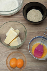Baking ingredients on a wood table.